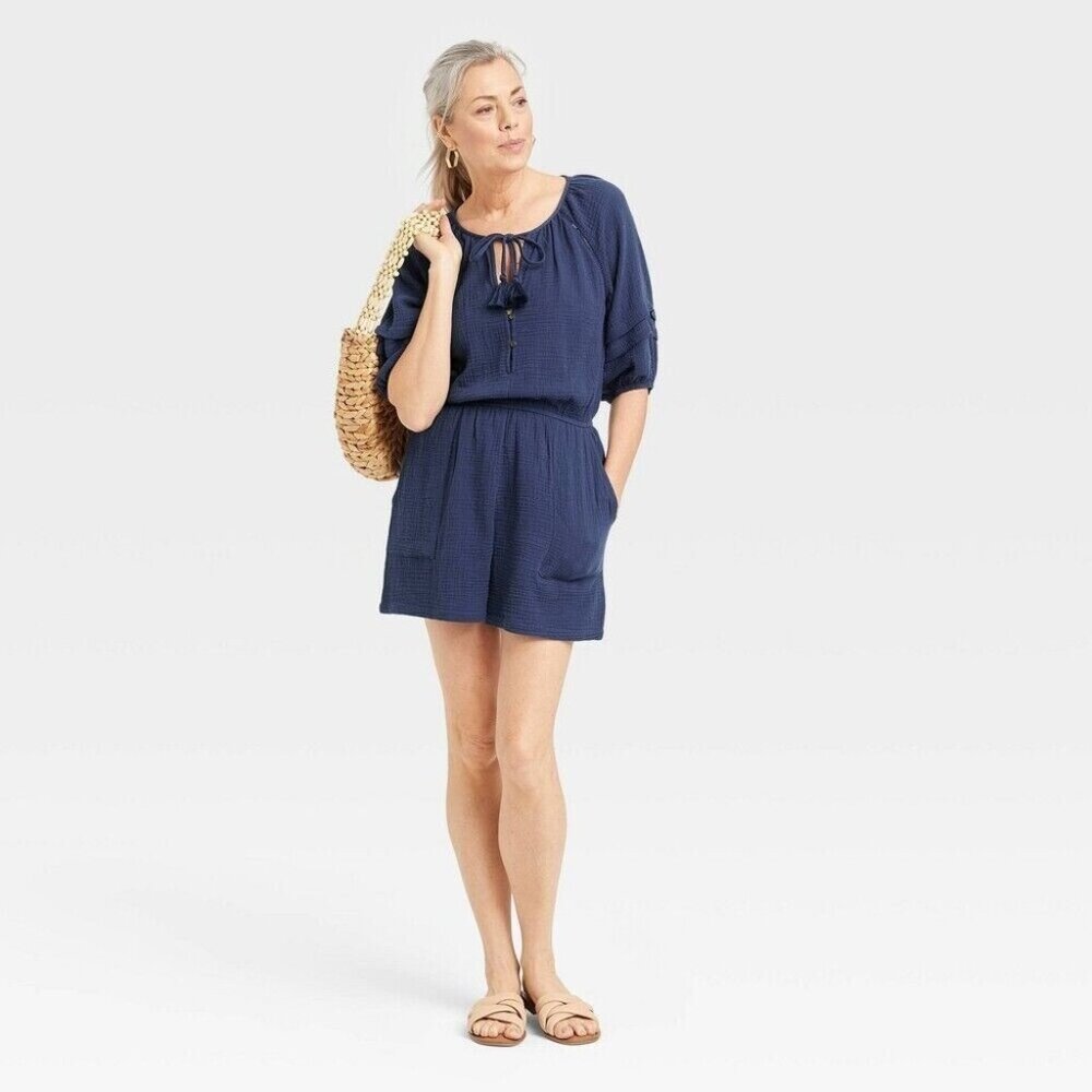 Knox Rose Women's Short Sleeve Gauze Romper - Navy Blue M Medium